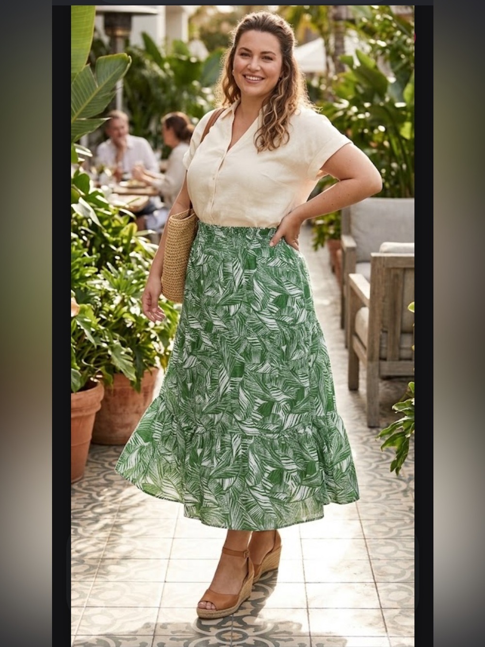 Chico's Green and White Leaf-Print Tiered Skirt